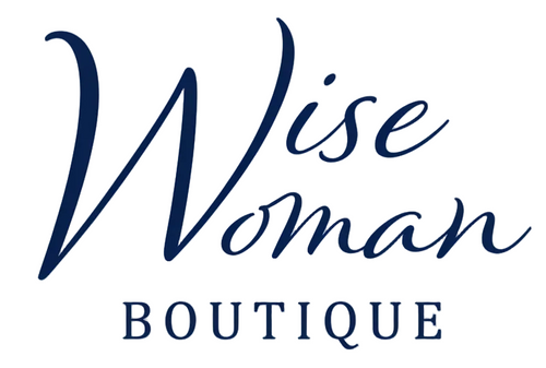 A square graphic with a dark navy blue background and white text reading 'Wise Woman Boutique' 