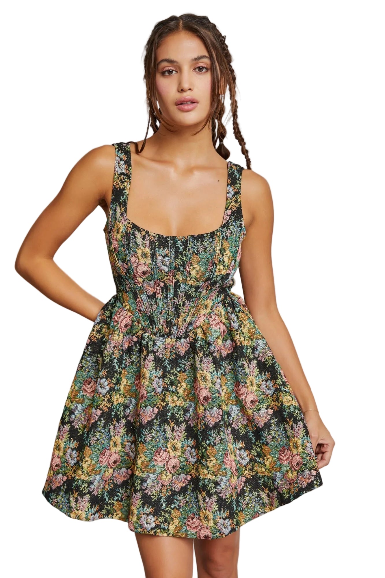 Black Floral Babydoll Mini Dress with Metallic Jacquard Detail