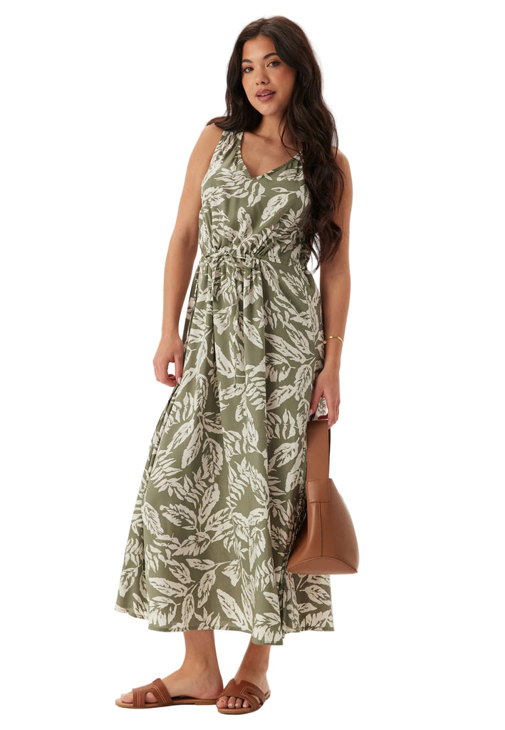 Khaki Green Viscose Maxi Dress with Adjustable Waist Tie