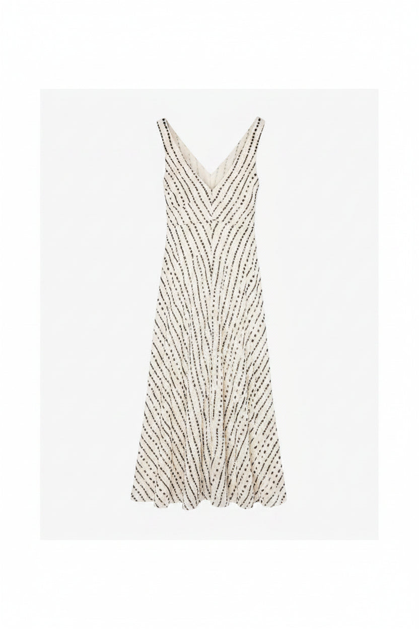 Metallic Chiffon Maxi Dress with V-Neck Abstract Pattern