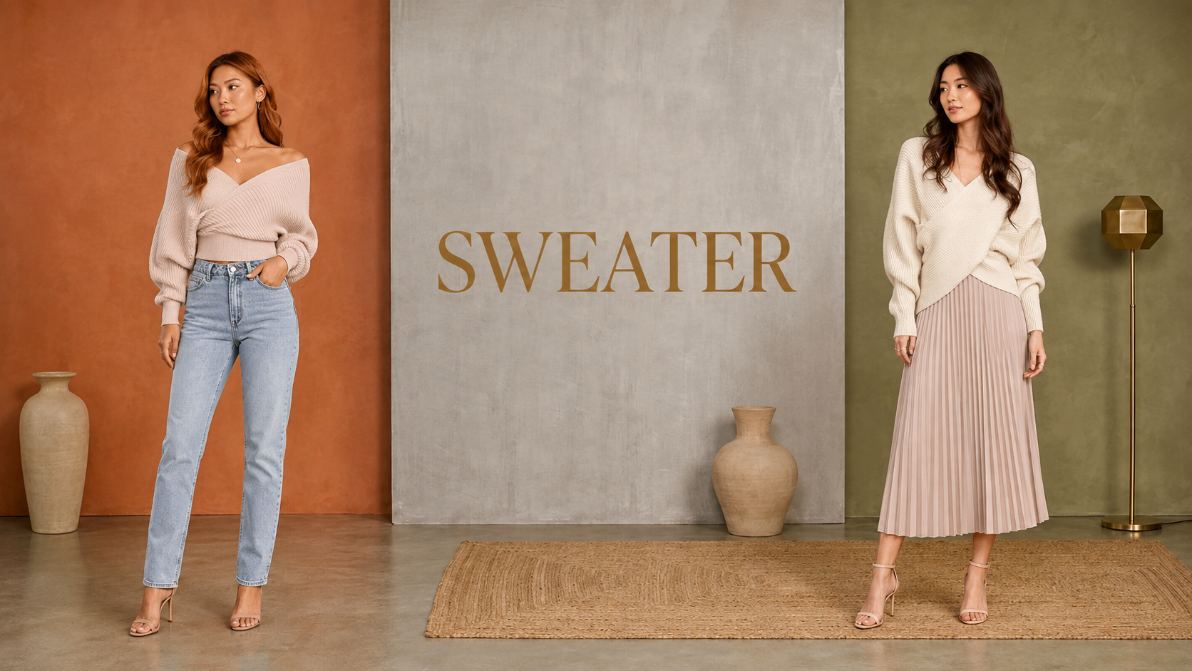 Two models showcase different color and style options of a cozy knit sweater in a styled studio setting. On the left, a model wears a light beige off-the-shoulder sweater with light-wash blue jeans.