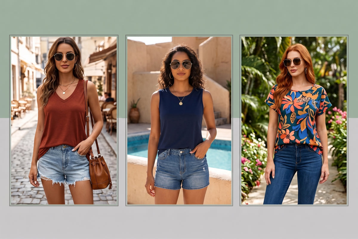 Three women modeling sleeveless tank tops in different outdoor and poolside settings, shown in a three-panel collage. The tops are rust red, navy blue, and a colorful floral print with blue, orange, and green tones.