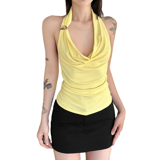 Women's slim fit halter neck tank top in Yellow back view