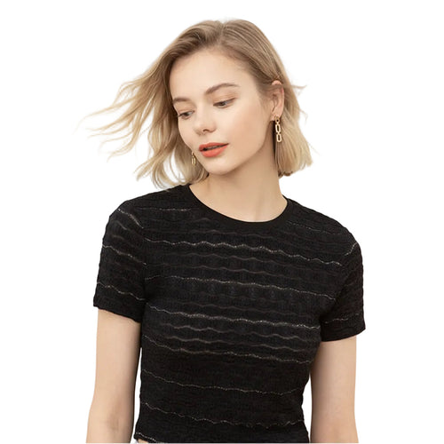 Women's lace round neck slim fit T shirt in Black front view