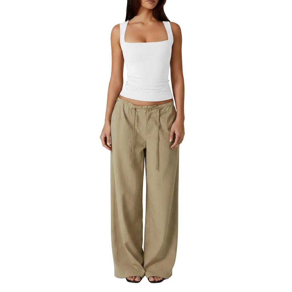 Women's lace up slim fit sleeveless tank top in Light Gray front view