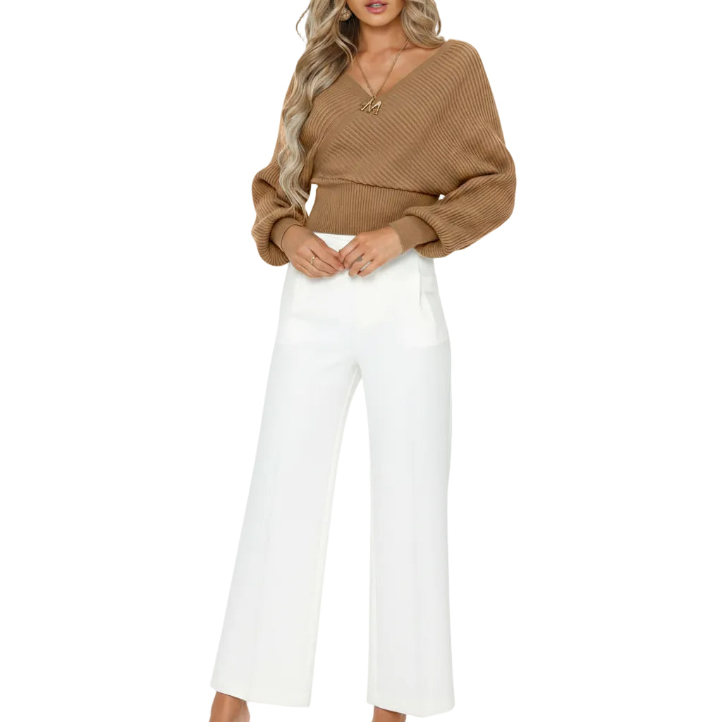 Side view of Light Beige women's loose fit sweater