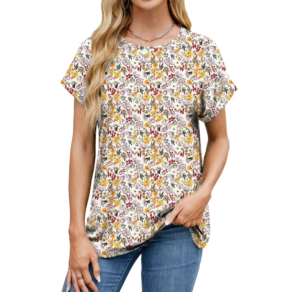 Close-up of Tropical Teal printed women's casual T shirt